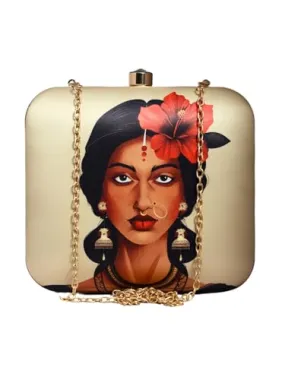 Beige Based Floral Woman Portrait Printed Clutch