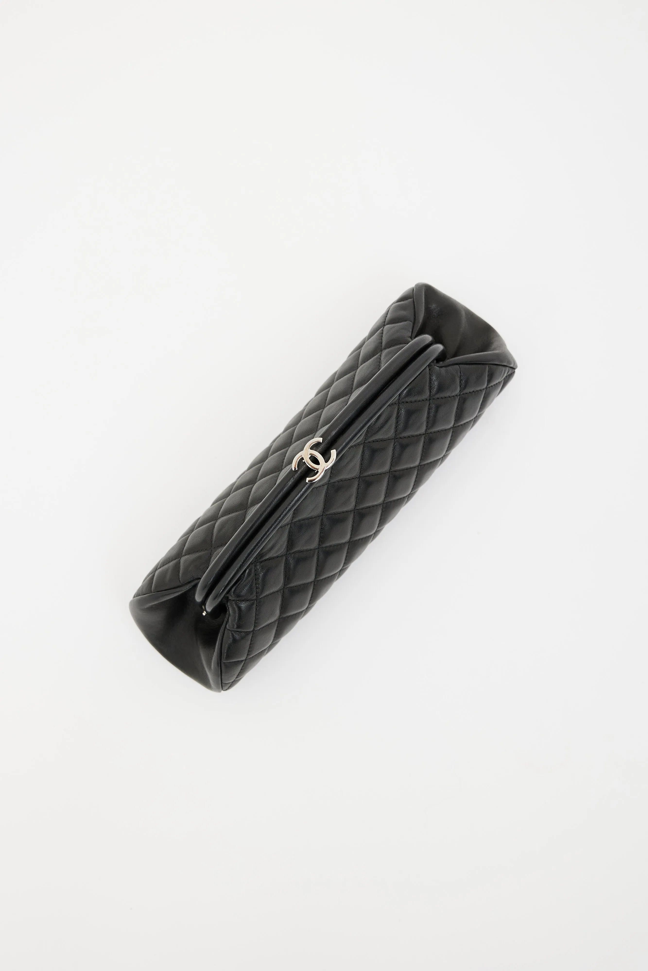 Black Quilted CC Logo Clasp Leather Clutch