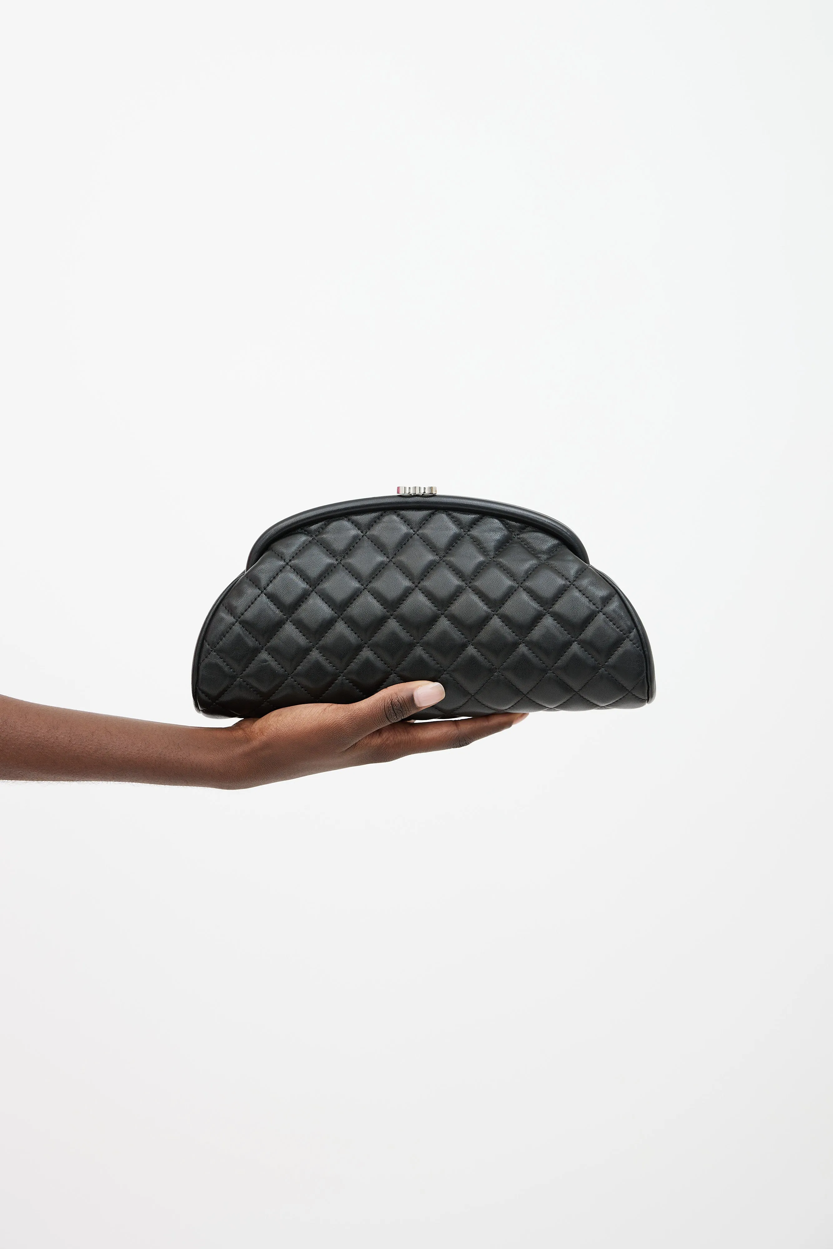 Black Quilted CC Logo Clasp Leather Clutch