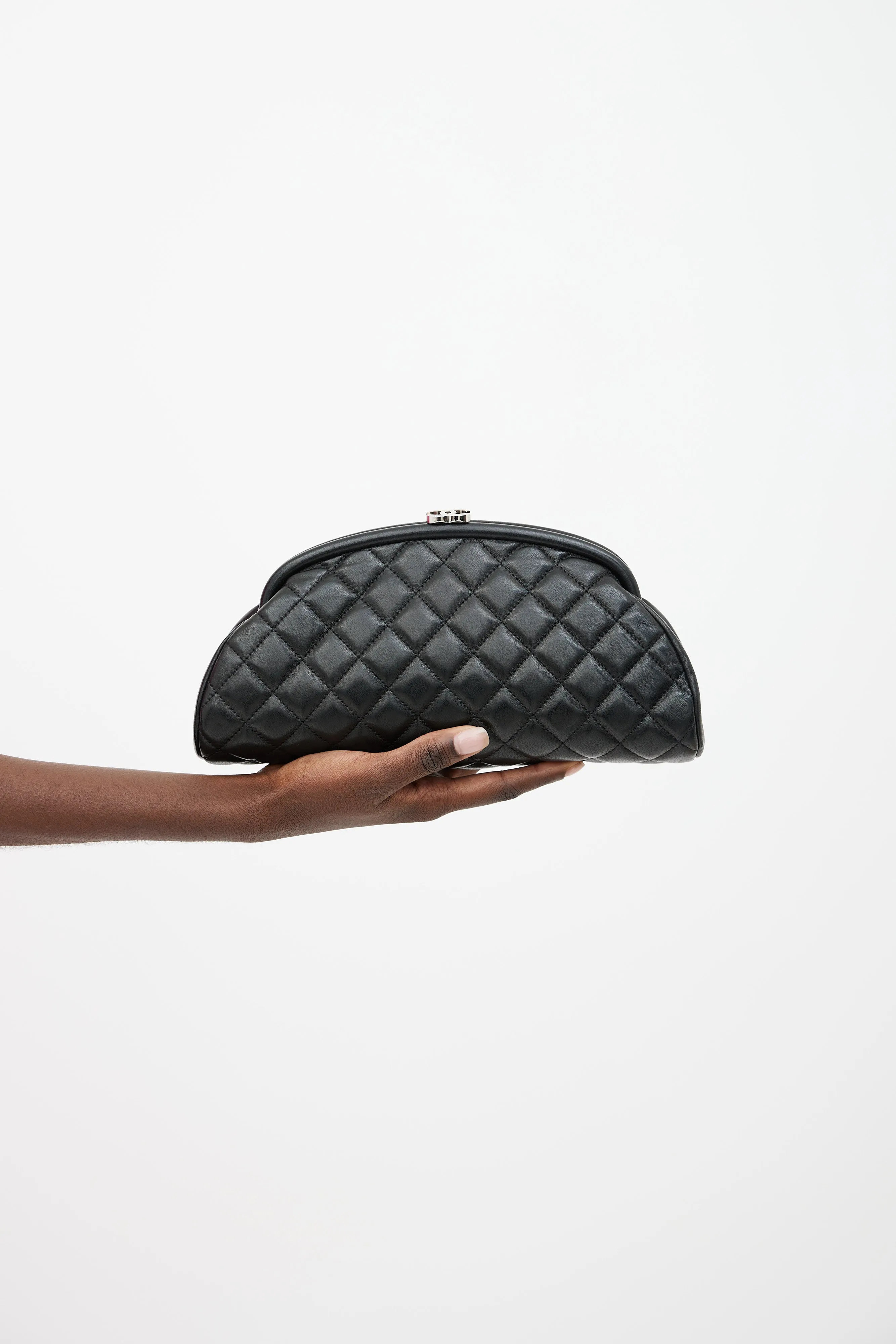 Black Quilted CC Logo Clasp Leather Clutch