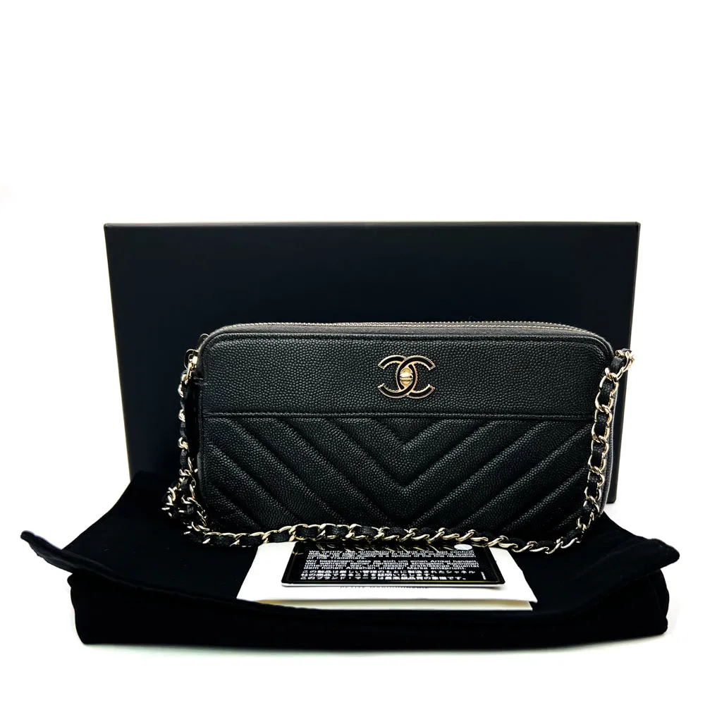 Chanel Black Caviar Chevron Quilted Clutch With Chain Bag