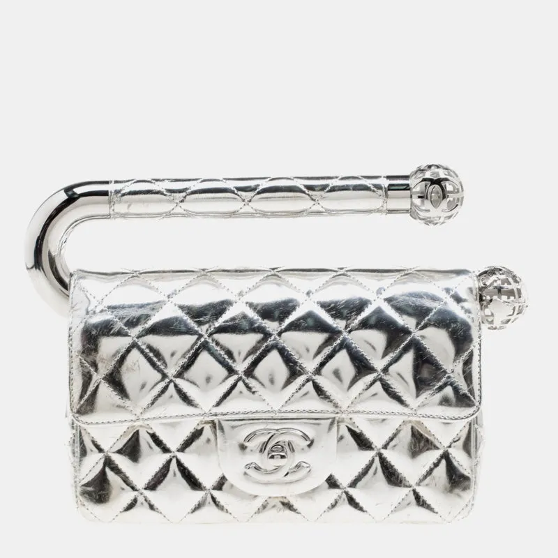 CHANEL SILVER QUILTED LEATHER AROUND THE WORLD CLUTCH