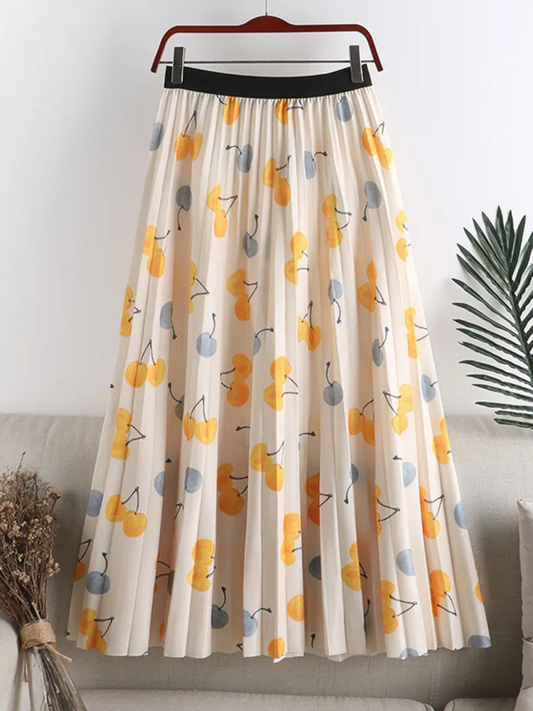 Cherry Print Pleated Waist Midi Skirts