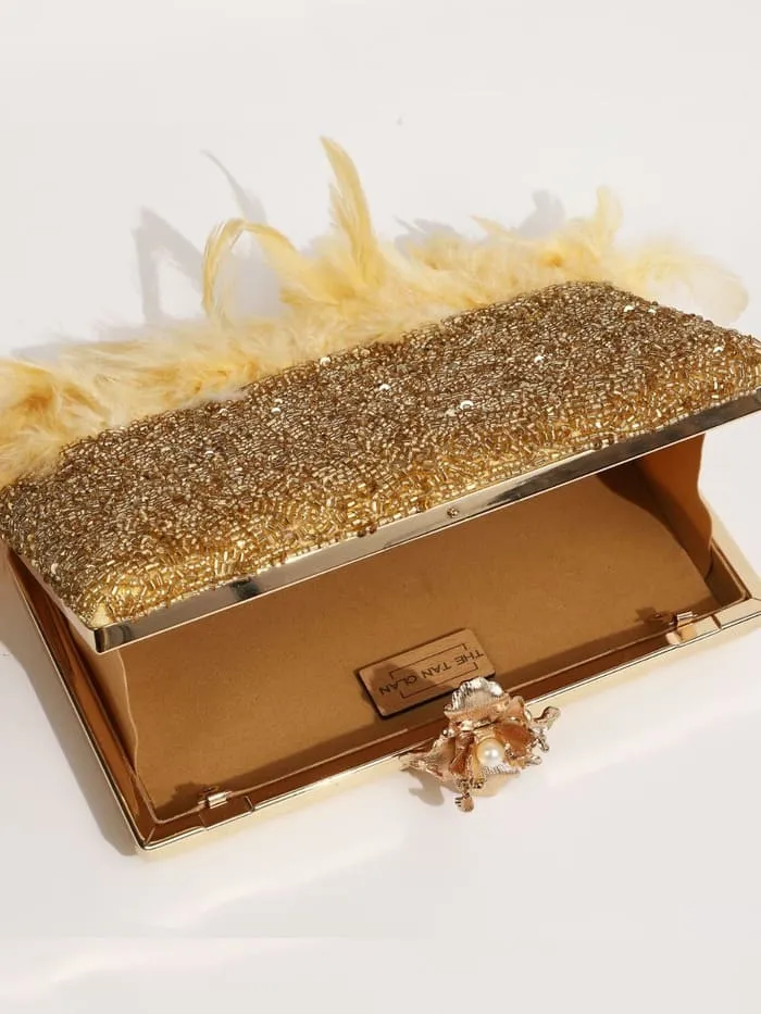 Daina Light Gold Hand Embroidered Feather Clutch