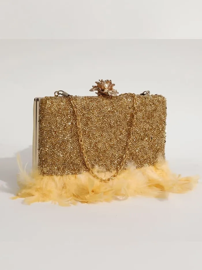 Daina Light Gold Hand Embroidered Feather Clutch