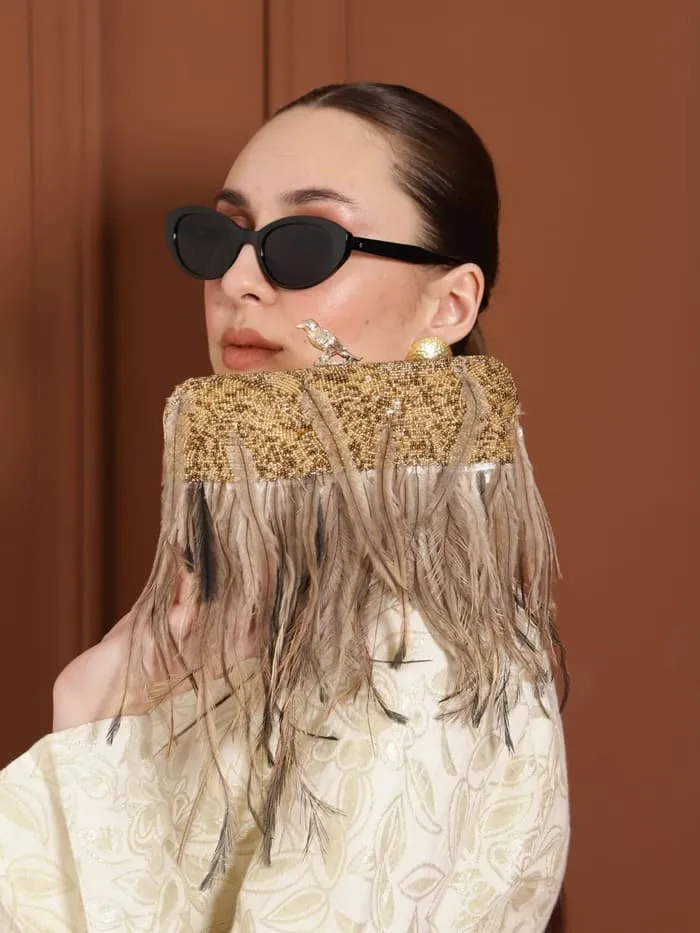 Daina Light Gold Hand Embroidered Feather Clutch