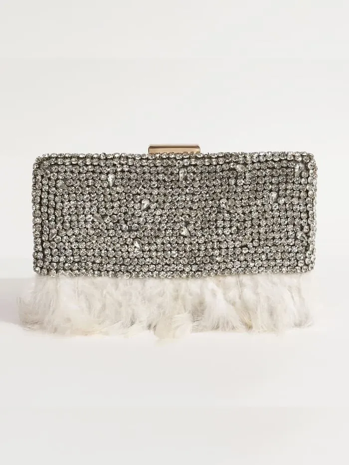 Daina White Hand Embroidered Feather Clutch