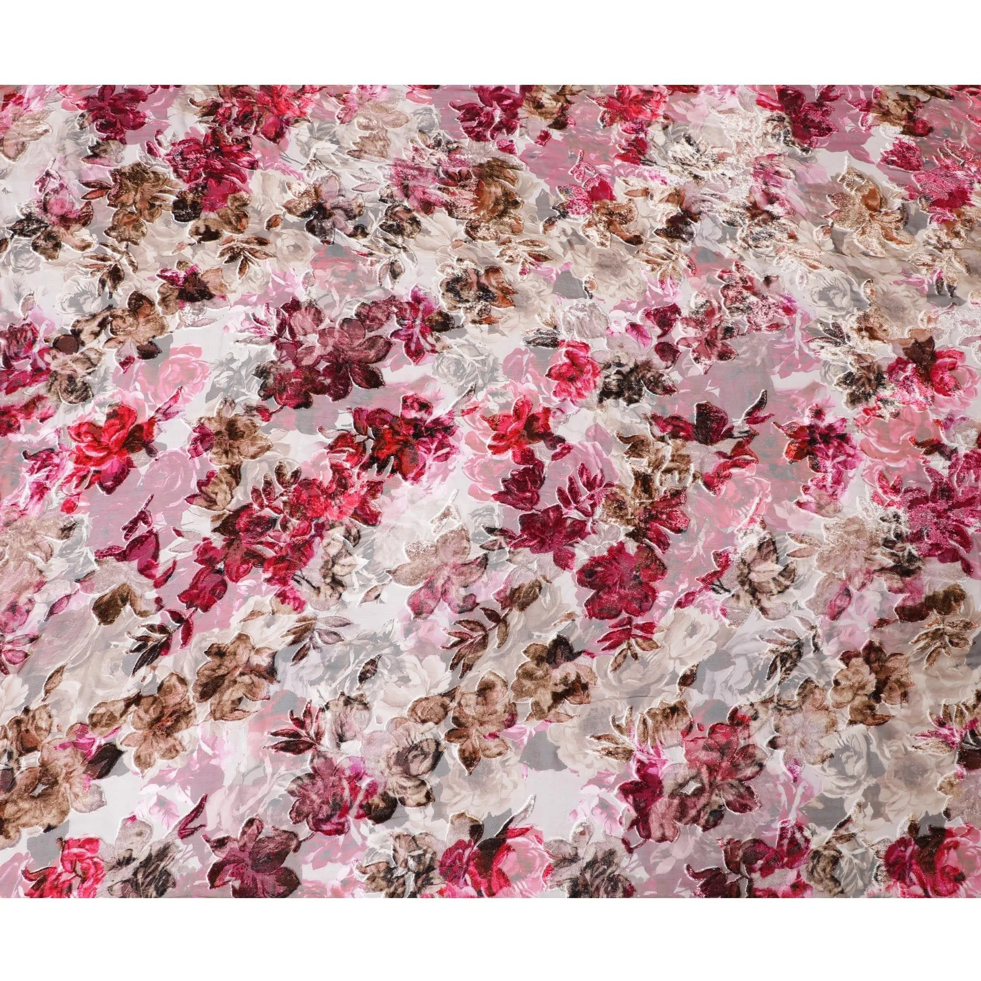 Digital Printed pink colored Silk Chiffon fabric with metallic lurex and velvet (makamal) in floral design for Dirac - D9969