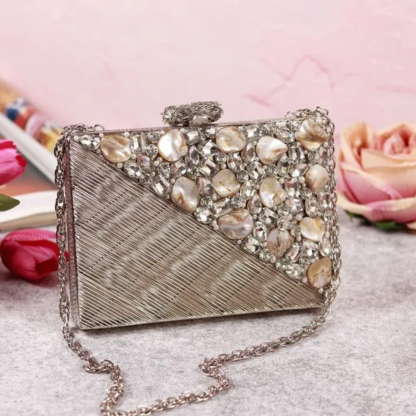 Eira Silver Embellished Brass Clutch