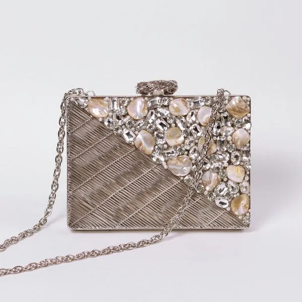 Eira Silver Embellished Brass Clutch