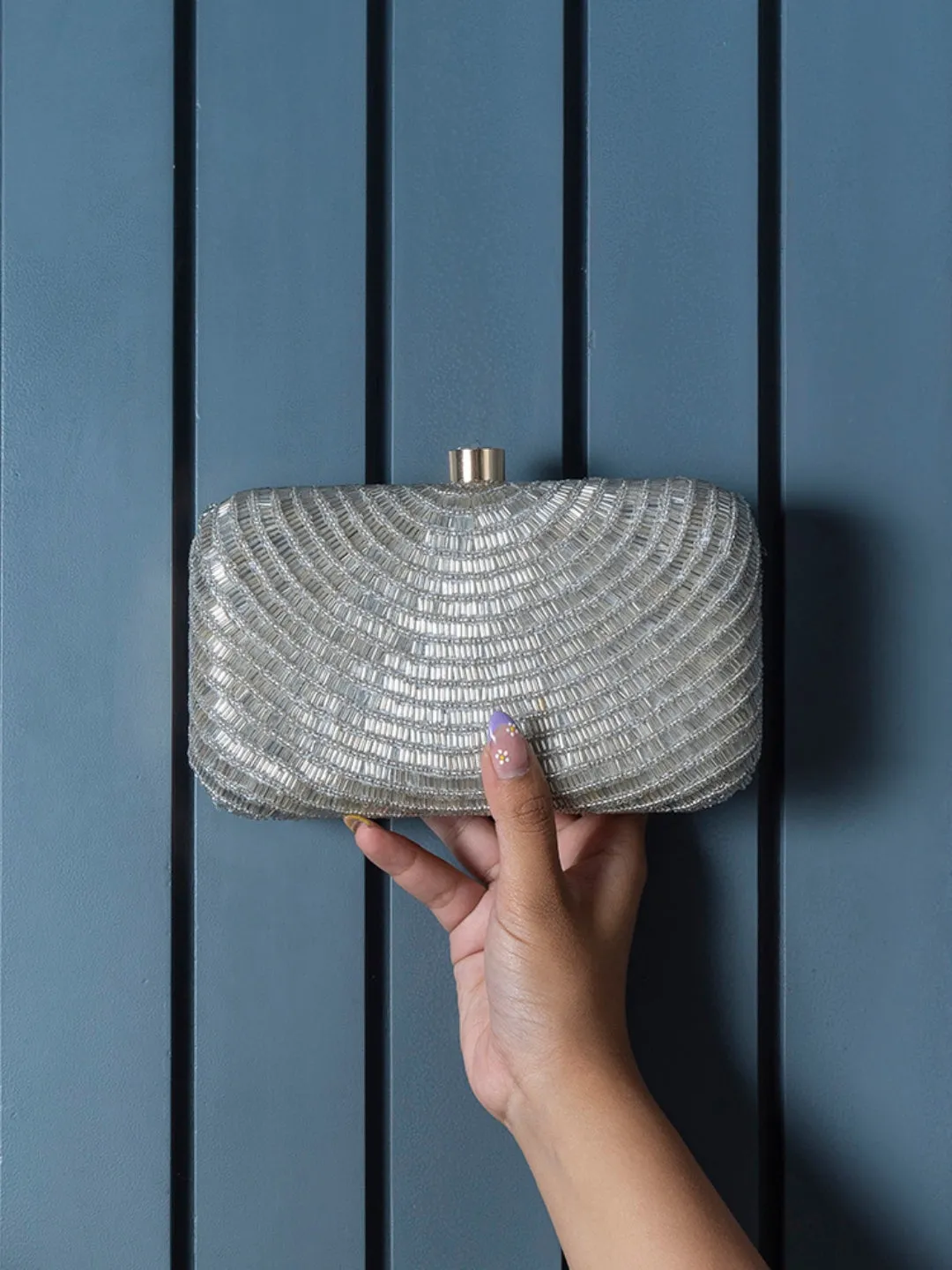 Glitz Silver Hand Embroidered Party Clutch