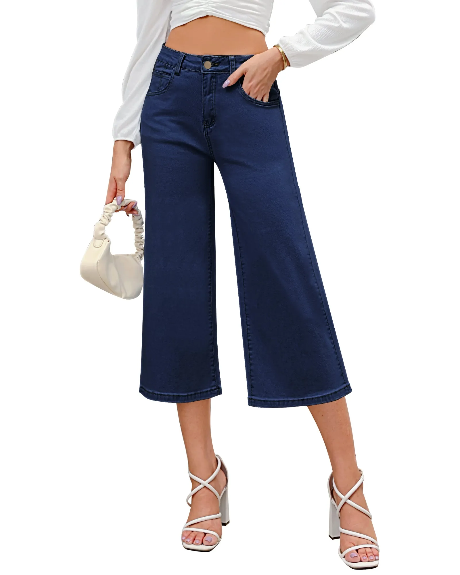 GRAPENT Jean Capris for Women Wide Leg Jeans High Waisted Crop Denim Capri Pants Stretchy Baggy