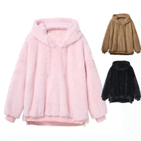 Harajuku Soft Teddy Hoodie (Black/Pink/Brown)