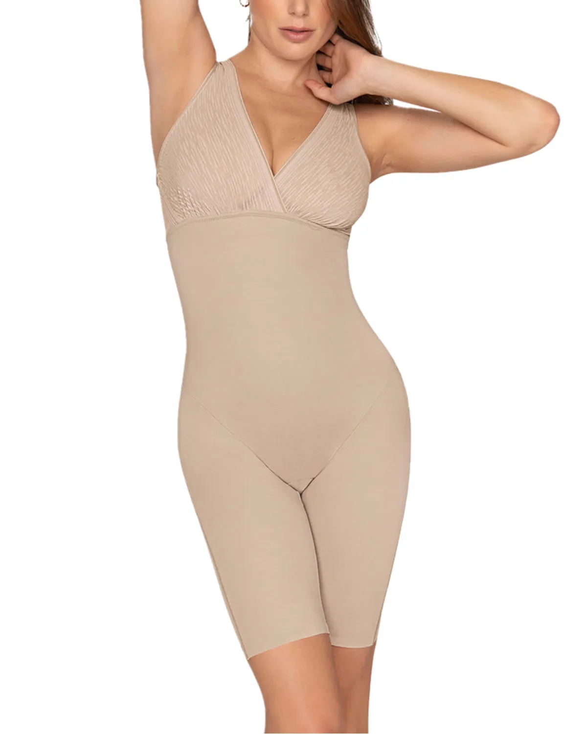 Leonisa Sheer Stripe Detail Sculpting Mid-thigh Bodysuit Shaper - 018525