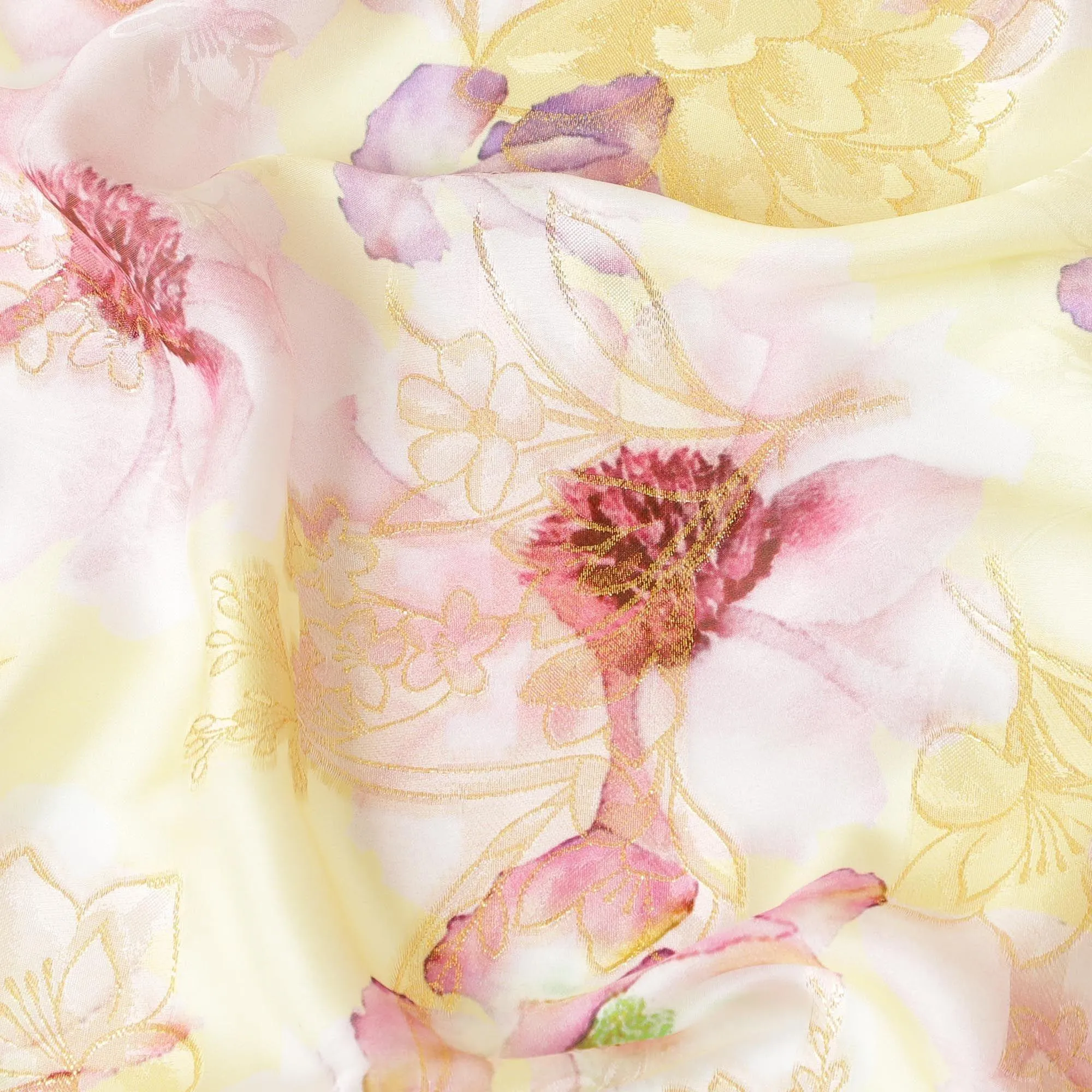 Light pink Italian pure silk chiffon dirac with multicolor print and gold metallic lurex in floral design-D9371