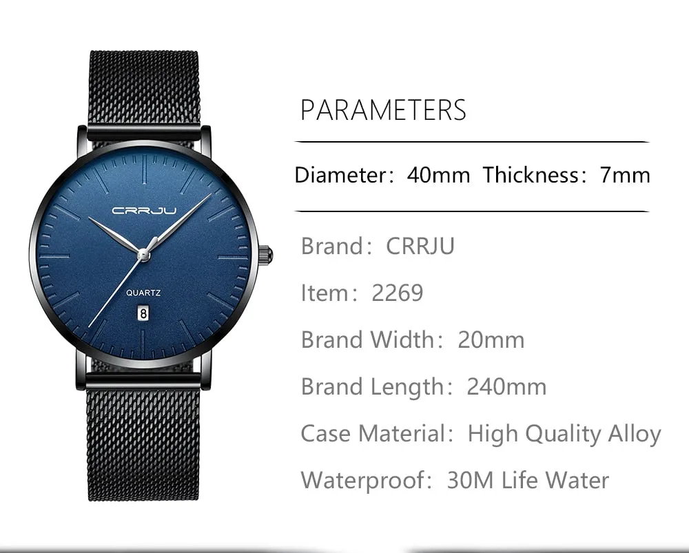 Men's Luxury Blue Waterproof Ultra Thin Date Simple Casual Quartz Watch