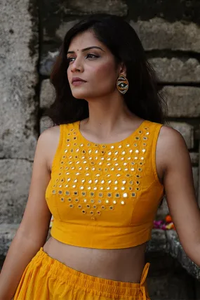 Okhai "Ashtami" Mirrorwork Yellow Pure Cotton Sleeveless Blouse