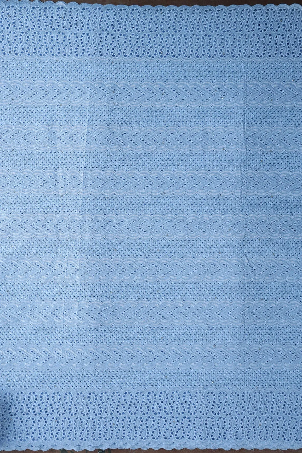 Pastel Blue Thread Geometric Pattern Schiffli Embroidery Work On Pastel Blue Pure Cotton Cambric Fabric