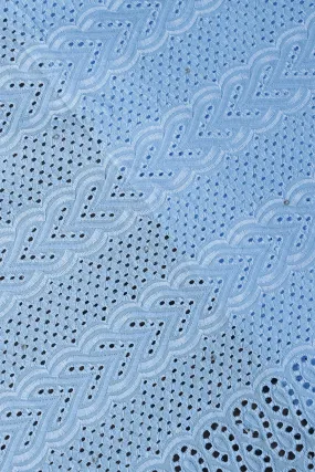 Pastel Blue Thread Geometric Pattern Schiffli Embroidery Work On Pastel Blue Pure Cotton Cambric Fabric