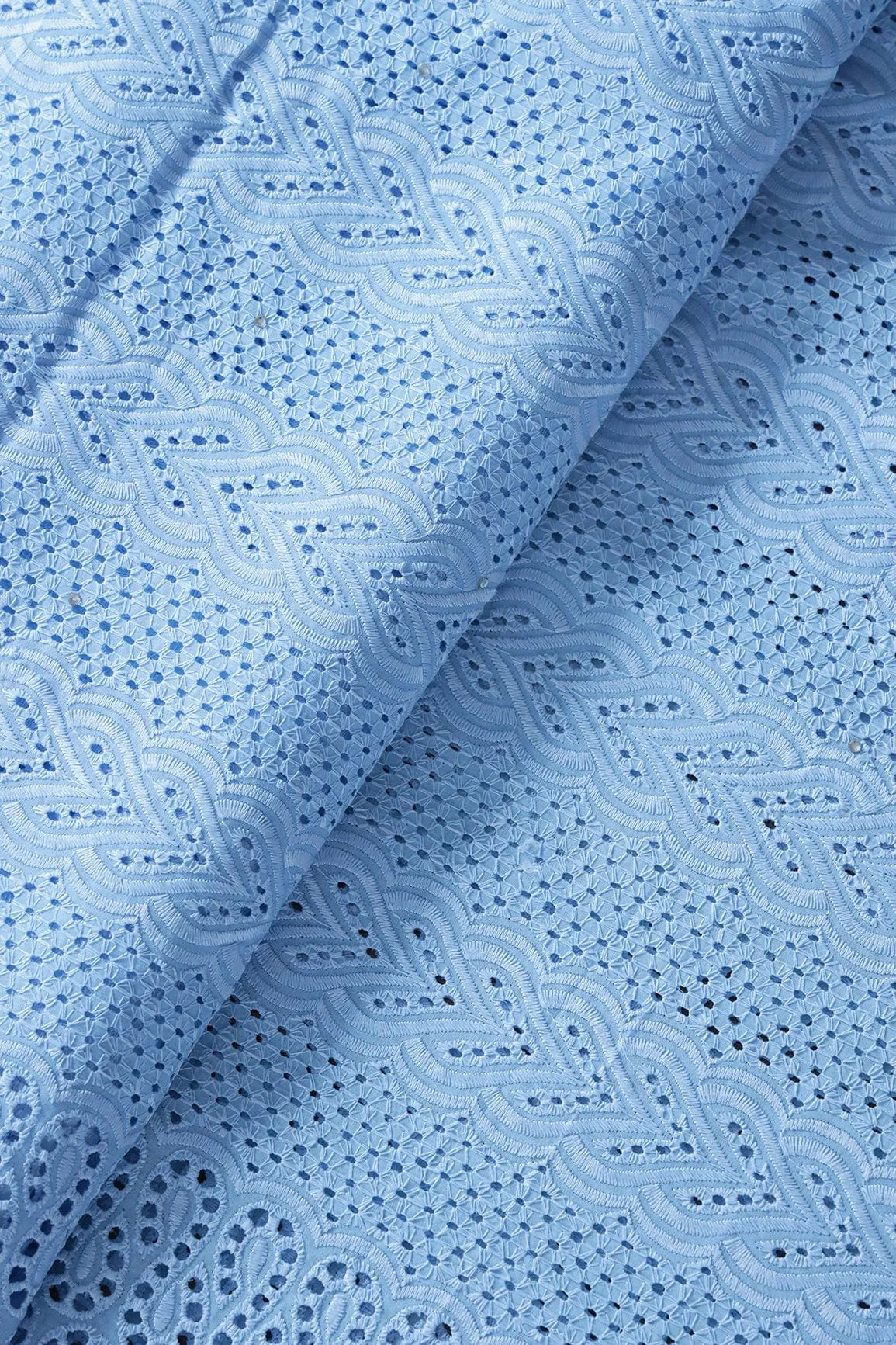 Pastel Blue Thread Geometric Pattern Schiffli Embroidery Work On Pastel Blue Pure Cotton Cambric Fabric