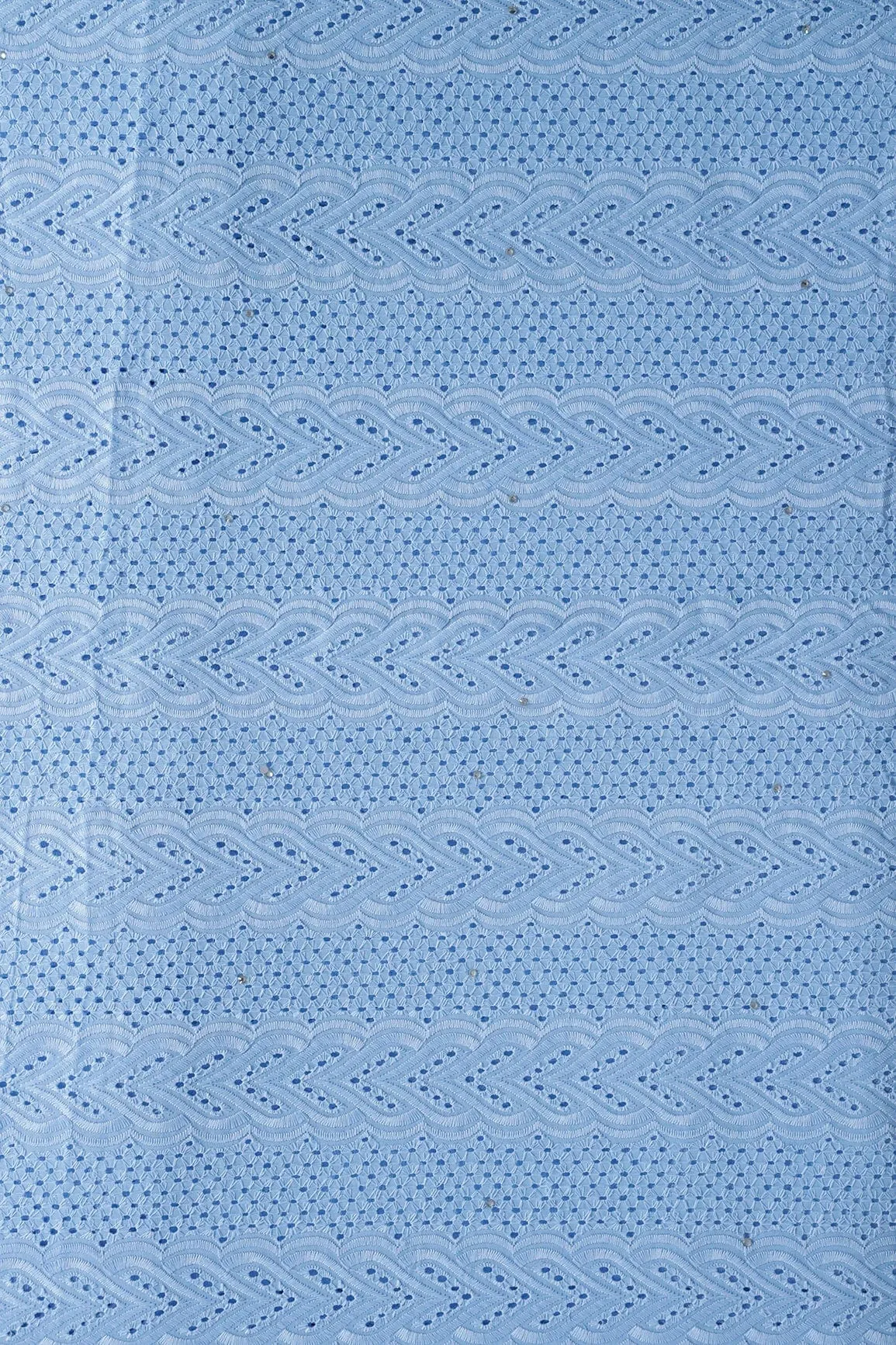 Pastel Blue Thread Geometric Pattern Schiffli Embroidery Work On Pastel Blue Pure Cotton Cambric Fabric