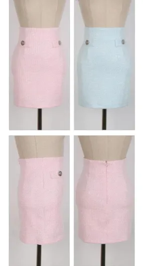 Pastel Silver Buttons Textured Mini Skirt Set