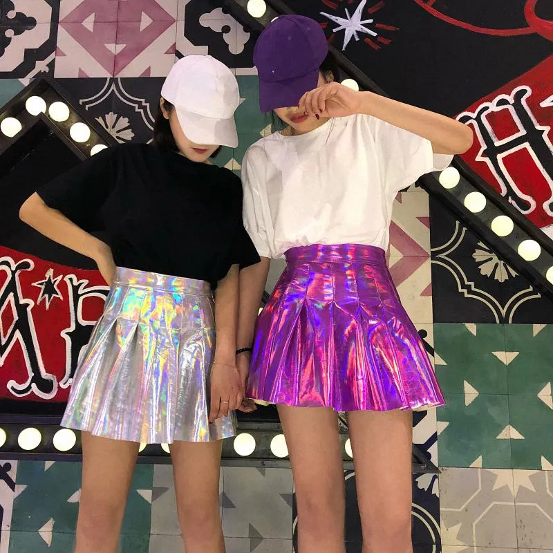 Pleated Skirts Women PU Solid Harajuku Casual Sexy Laser Hight Waist Mini Short Skirt