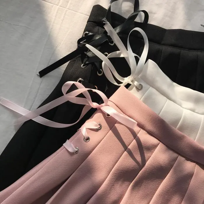 Side Lace Up Pastel Colors Pleated Skirts