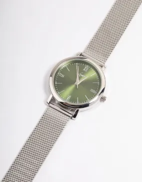 Silver Green Simple Medium Mesh Watch