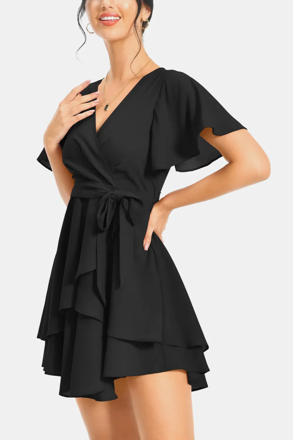 Surplice Neck Flutter Sleeve Dress