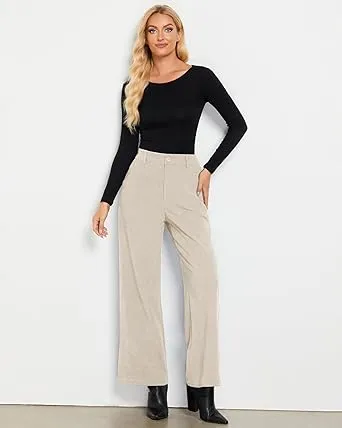 Women's Casual High Waist Pocket Polyester Relaxed Fit Wide Leg Pants