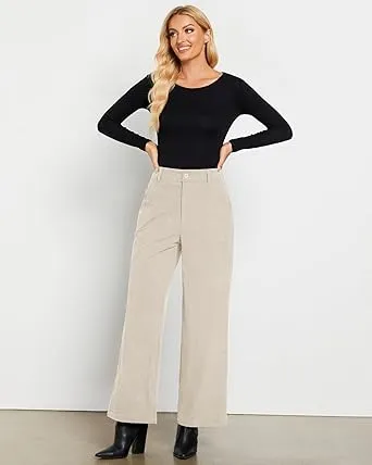 Women's Casual High Waist Pocket Polyester Relaxed Fit Wide Leg Pants