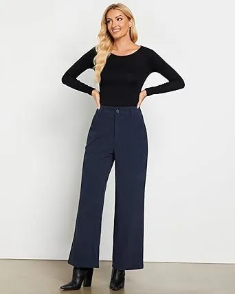 Women's Casual High Waist Pocket Polyester Relaxed Fit Wide Leg Pants