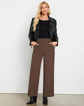 Women's Casual High Waist Pocket Polyester Relaxed Fit Wide Leg Pants