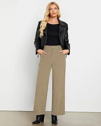 Women's Casual High Waist Pocket Polyester Relaxed Fit Wide Leg Pants