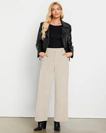 Women's Casual High Waist Pocket Polyester Relaxed Fit Wide Leg Pants