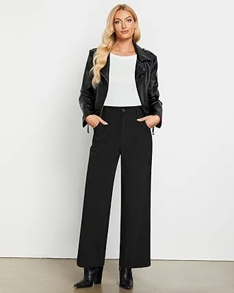 Women's Casual High Waist Pocket Polyester Relaxed Fit Wide Leg Pants