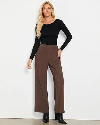 Women's Casual High Waist Pocket Polyester Relaxed Fit Wide Leg Pants