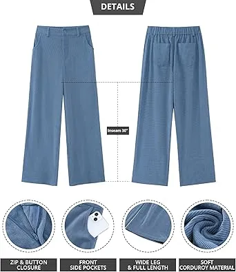 Women's Casual High Waist Pocket Polyester Relaxed Fit Wide Leg Pants