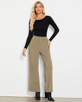 Women's Casual High Waist Pocket Polyester Relaxed Fit Wide Leg Pants