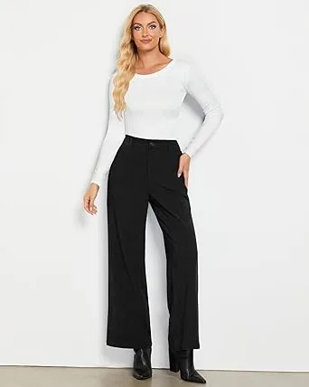 Women's Casual High Waist Pocket Polyester Relaxed Fit Wide Leg Pants