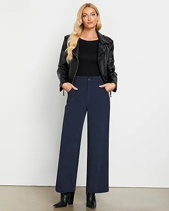 Women's Casual High Waist Pocket Polyester Relaxed Fit Wide Leg Pants