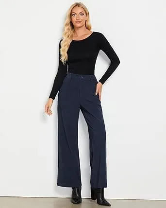 Women's Casual High Waist Pocket Polyester Relaxed Fit Wide Leg Pants