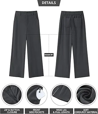 Women's Casual High Waist Pocket Polyester Relaxed Fit Wide Leg Pants