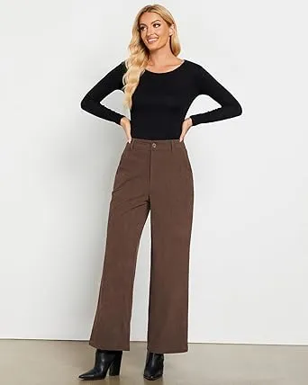 Women's Casual High Waist Pocket Polyester Relaxed Fit Wide Leg Pants