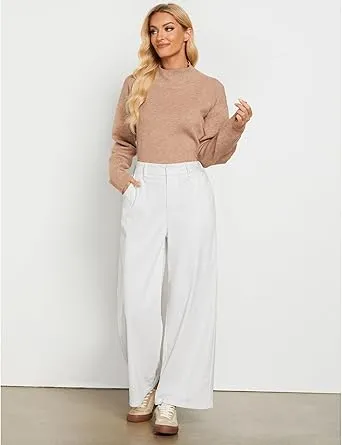 Women's Casual High Waist Pocket Polyester Relaxed Fit Wide Leg Pants