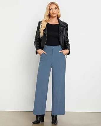 Women's Casual High Waist Pocket Polyester Relaxed Fit Wide Leg Pants