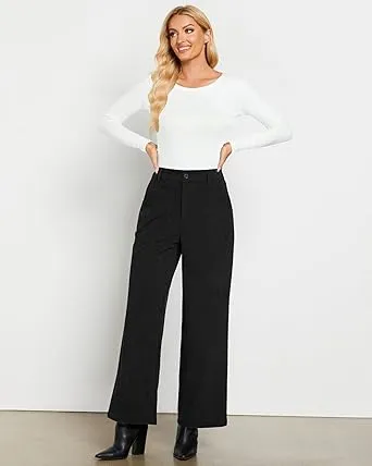 Women's Casual High Waist Pocket Polyester Relaxed Fit Wide Leg Pants