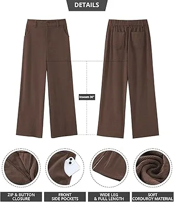 Women's Casual High Waist Pocket Polyester Relaxed Fit Wide Leg Pants