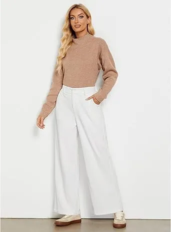 Women's Casual High Waist Pocket Polyester Relaxed Fit Wide Leg Pants